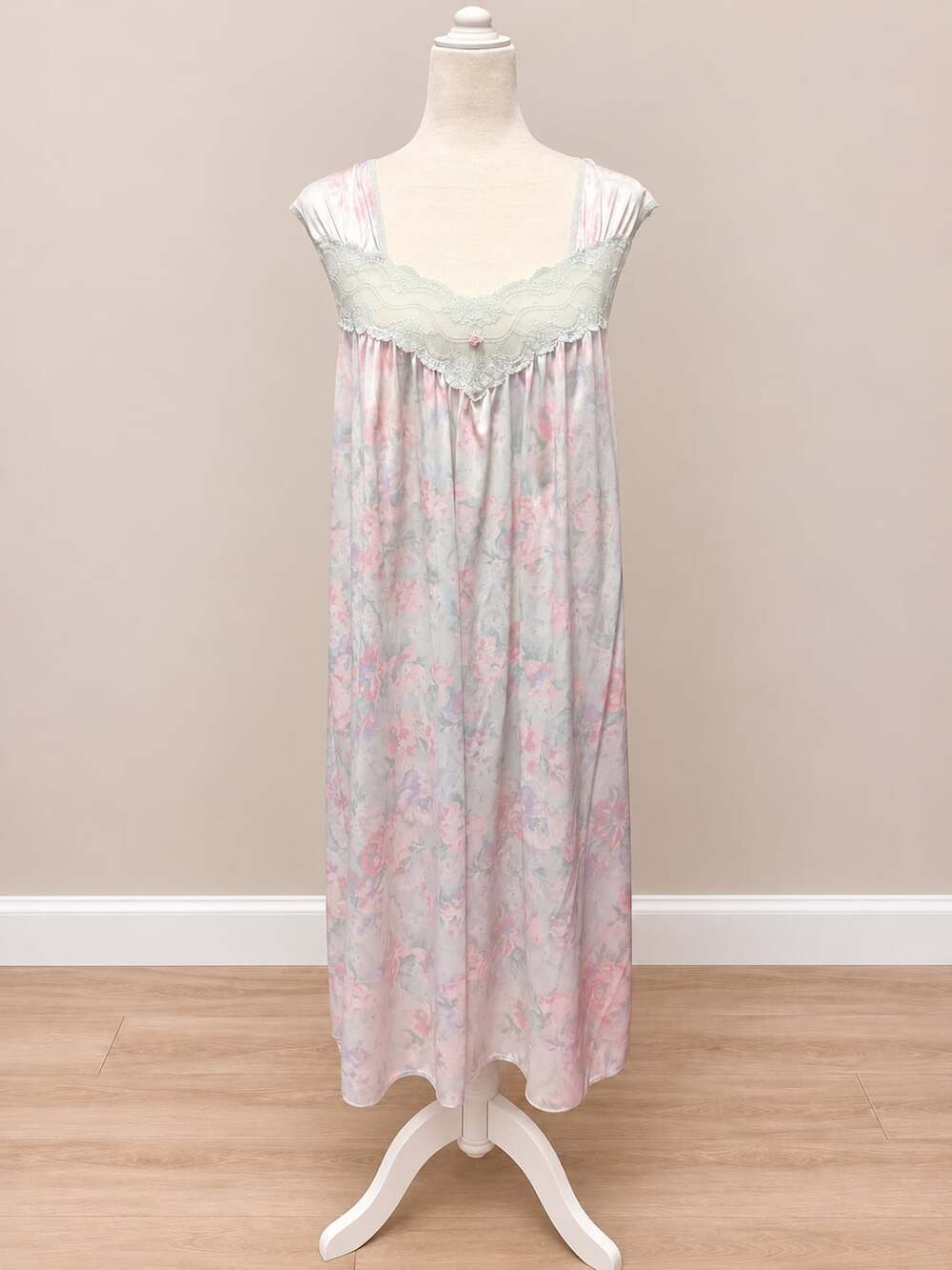Vintage Lorraine Floral Lace Trim Long Nightgown Large